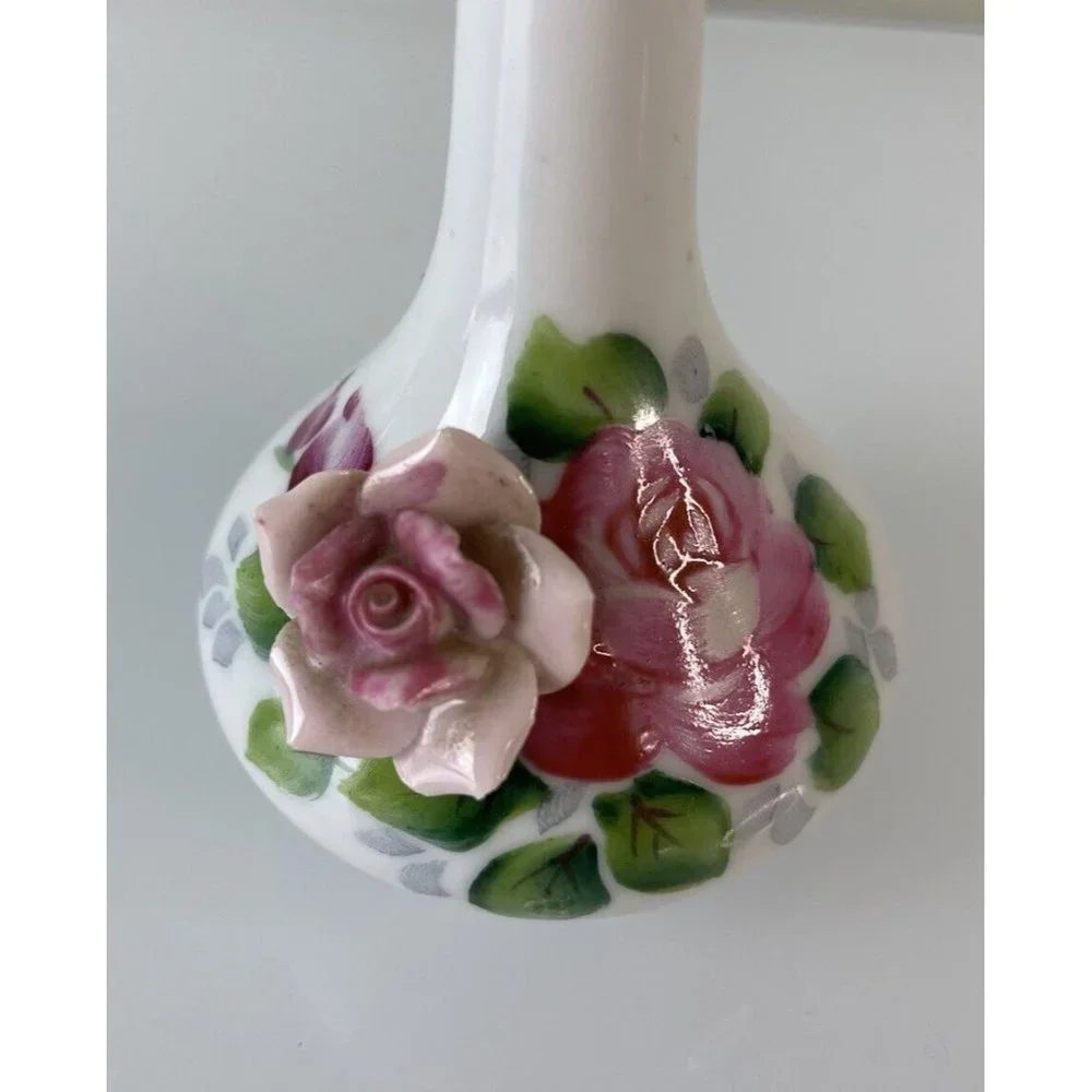 Vintage Made in Occupied Japan Vase w/ 3D Rose Small Bud Vase 4.75” Home Decor